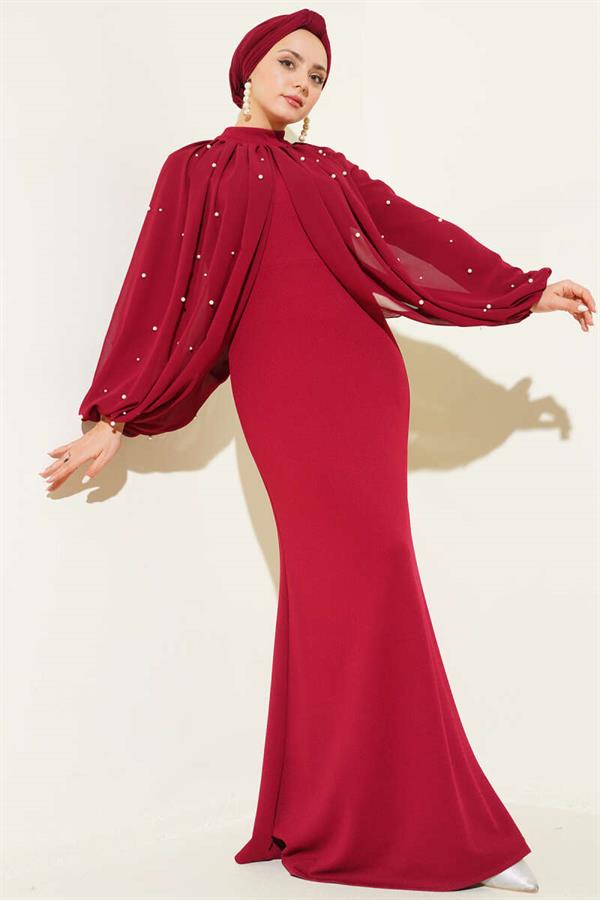 Burgundy Evening Dress with Pearl Cape