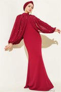 Burgundy Evening Dress with Pearl Cape