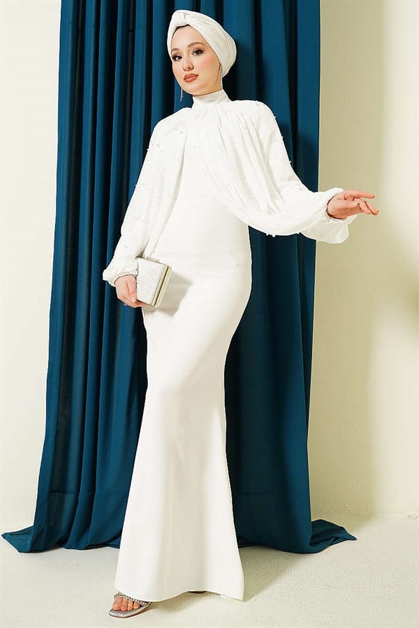 Pearl Cape Evening Dress, Ecru