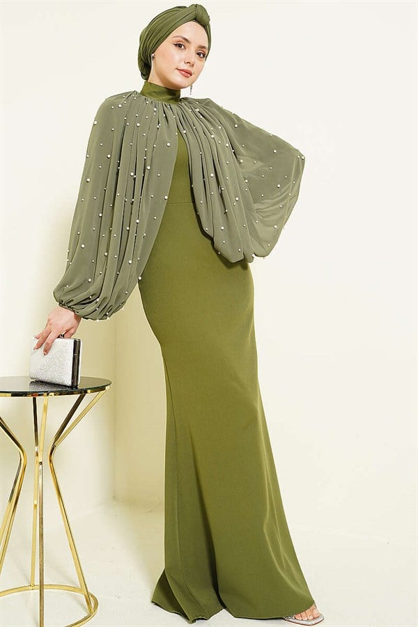 Pearl Cape Evening Dress Khaki