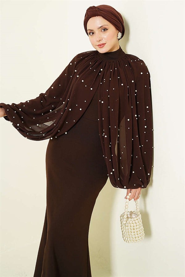 Pearl Cape Evening Dress in Brown
