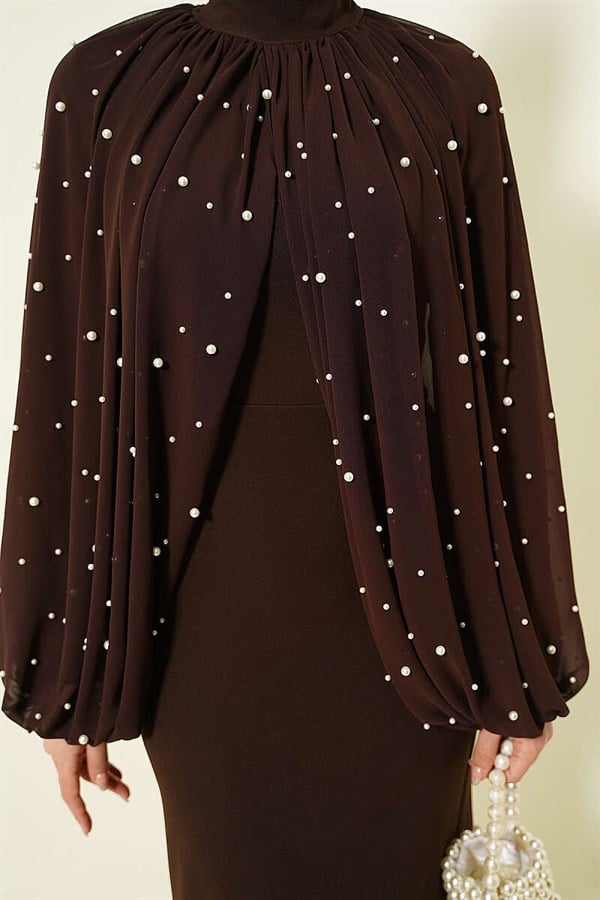 Pearl Cape Evening Dress in Brown