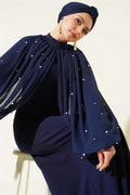 Navy Blue Evening Dress with Pearl Cape