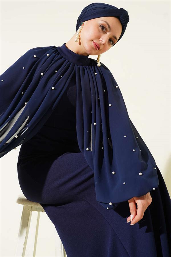 Navy Blue Evening Dress with Pearl Cape