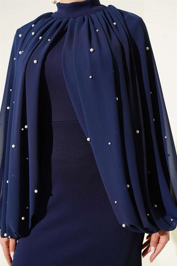 Navy Blue Evening Dress with Pearl Cape