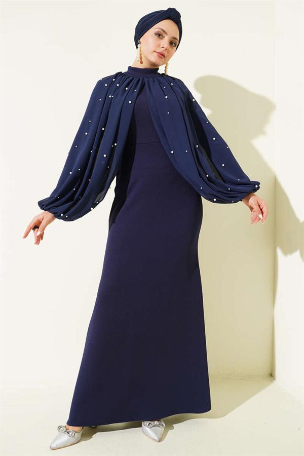 Navy Blue Evening Dress with Pearl Cape