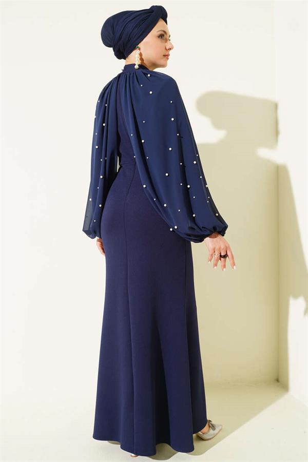 Navy Blue Evening Dress with Pearl Cape