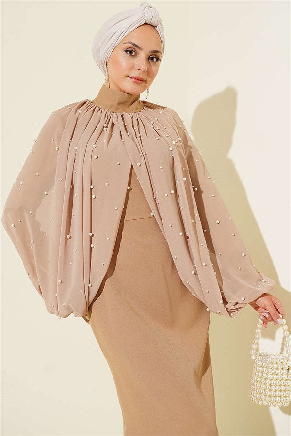 Pearl Cape Evening Dress Latte