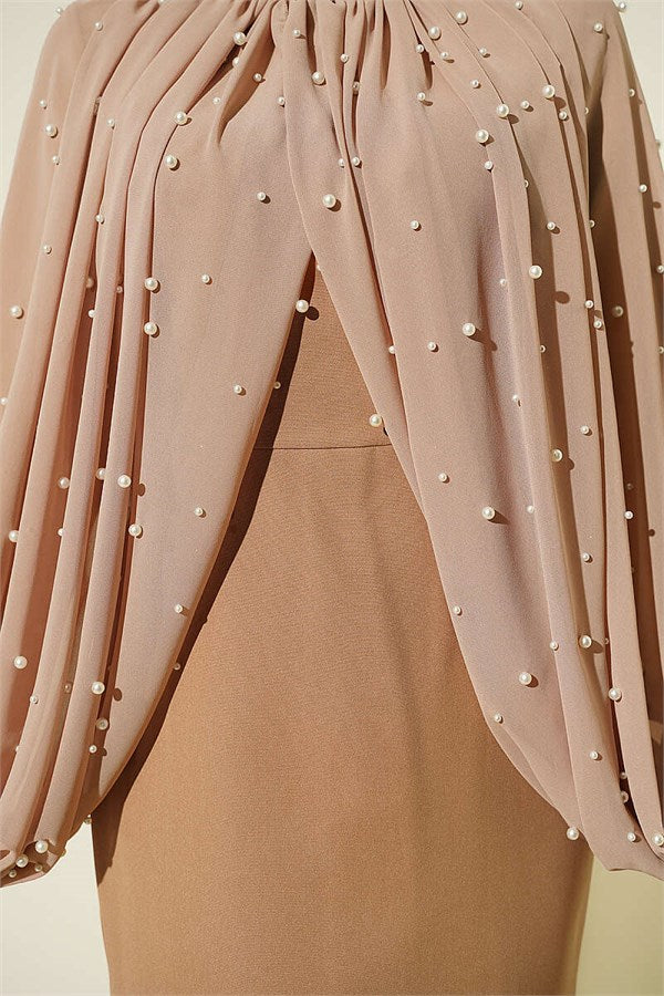 Pearl Cape Evening Dress Latte