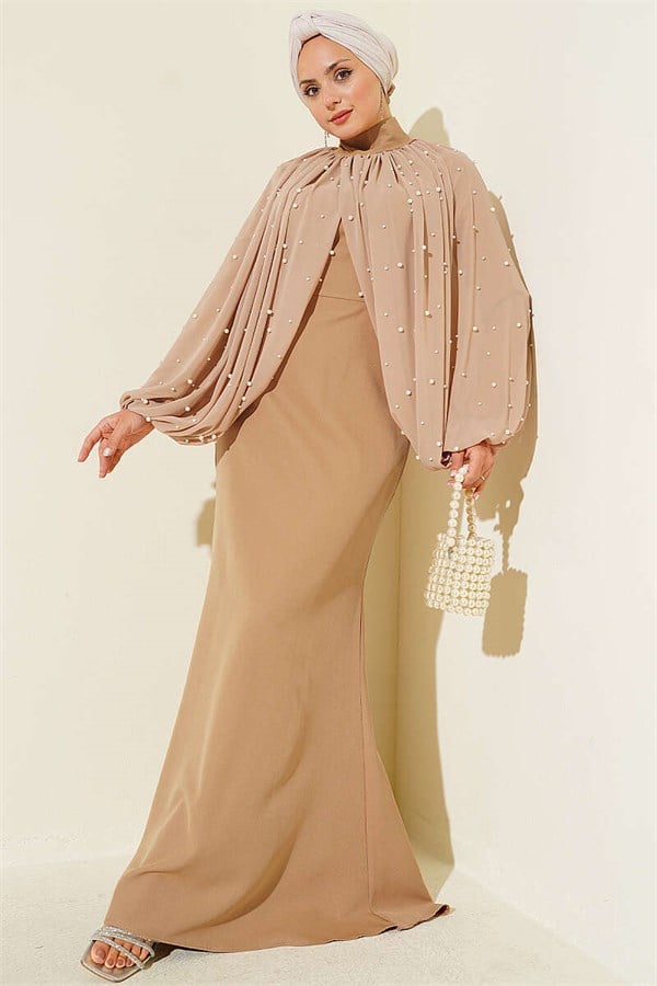 Pearl Cape Evening Dress Latte