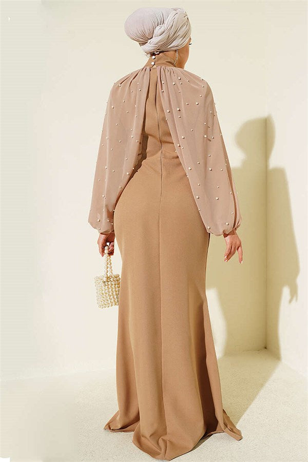 Pearl Cape Evening Dress Latte