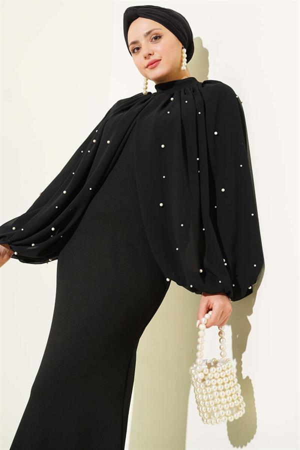 Pearl Cape Evening Dress Black