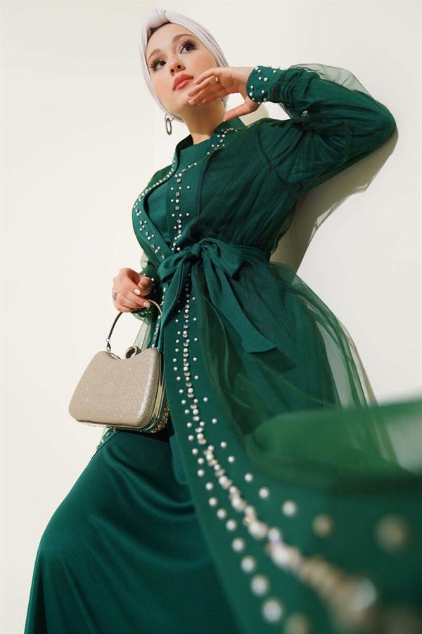 Pearl Embellished Abaya Green