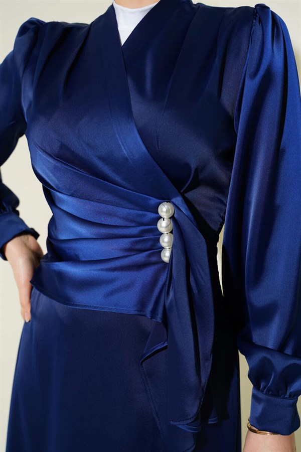 Pearl Embellished Draped Satin Evening Dress Navy Blue