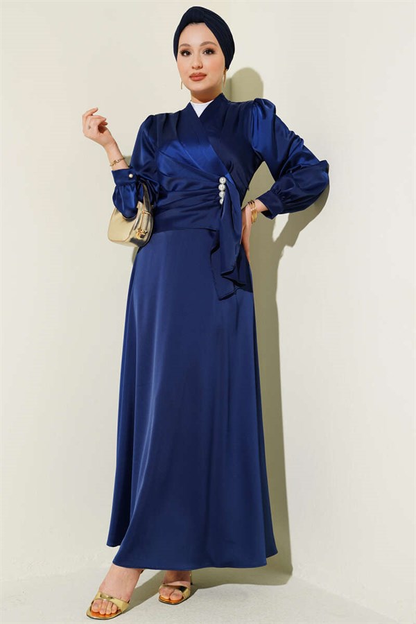 Pearl Embellished Draped Satin Evening Dress Navy Blue