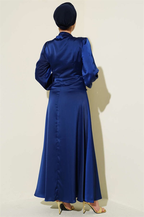 Pearl Embellished Draped Satin Evening Dress Navy Blue
