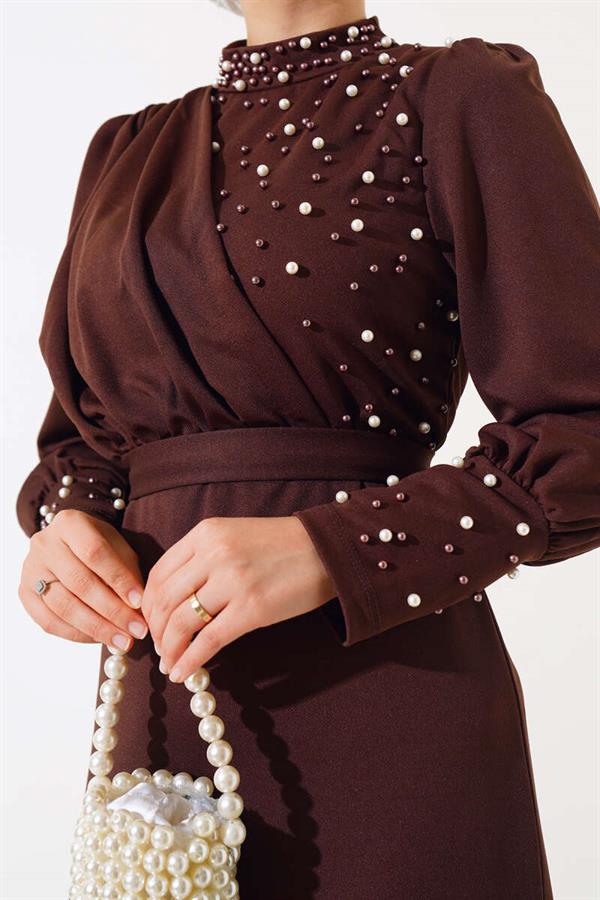 Pearl Embellished Dress Brown