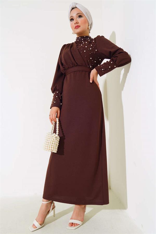 Pearl Embellished Dress Brown