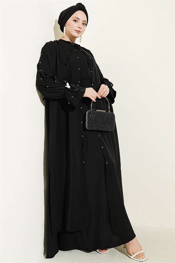 Pearl Embellished Butterfly Cape Dress, Black