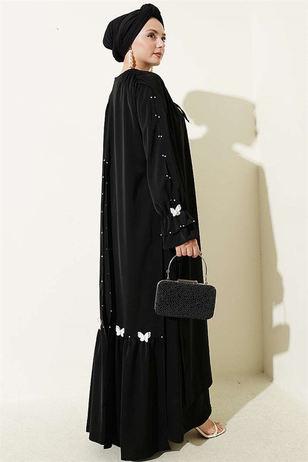 Pearl Embellished Butterfly Cape Dress, Black
