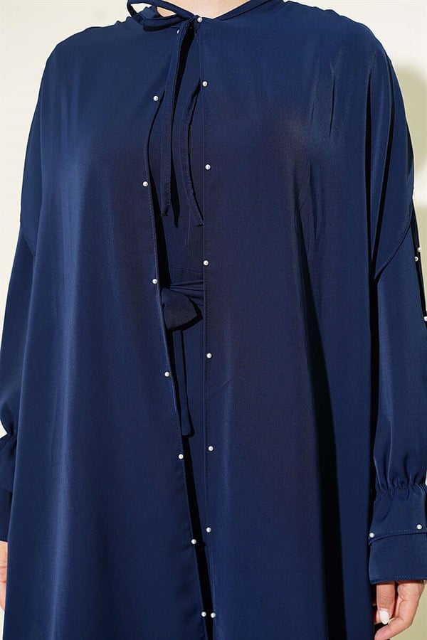 Navy Blue Dress with Pearl Embellishments and Butterfly Cape