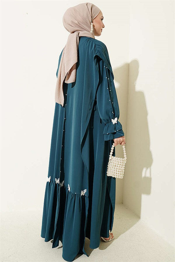 Pearl Embellished Butterfly Cape Dress in Petrol
