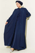 Navy Blue Dress with Pearl Embellishments and Butterfly Cape