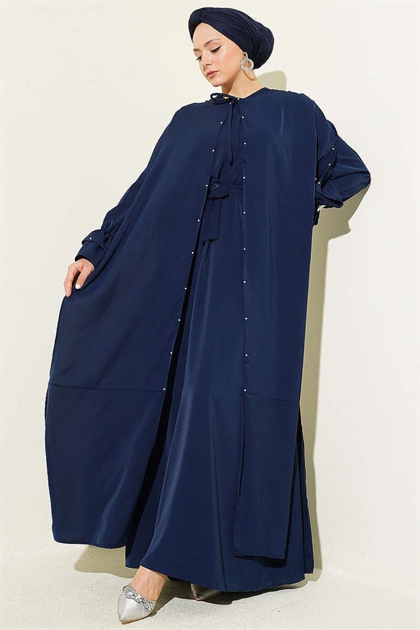 Navy Blue Dress with Pearl Embellishments and Butterfly Cape
