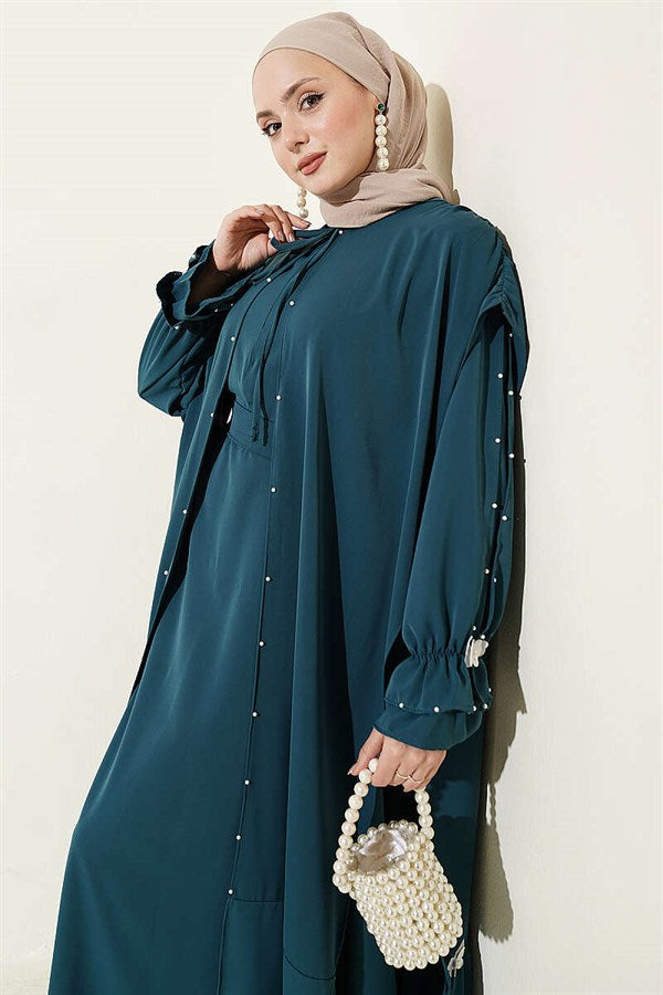 Pearl Embellished Butterfly Cape Dress in Petrol