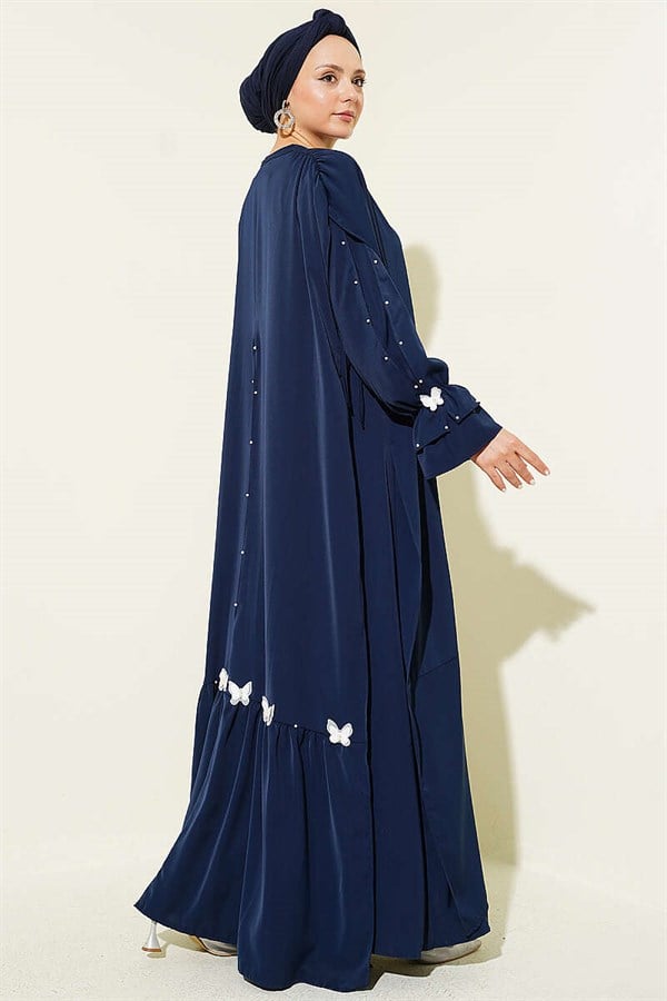 Navy Blue Dress with Pearl Embellishments and Butterfly Cape