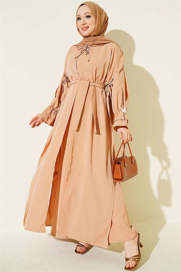Pearl Embellished Butterfly Cape Dress Latte