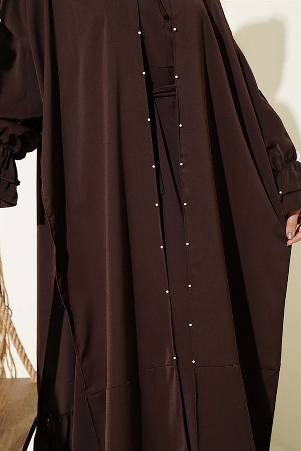 Pearl Embellished Butterfly Cape Dress in Brown