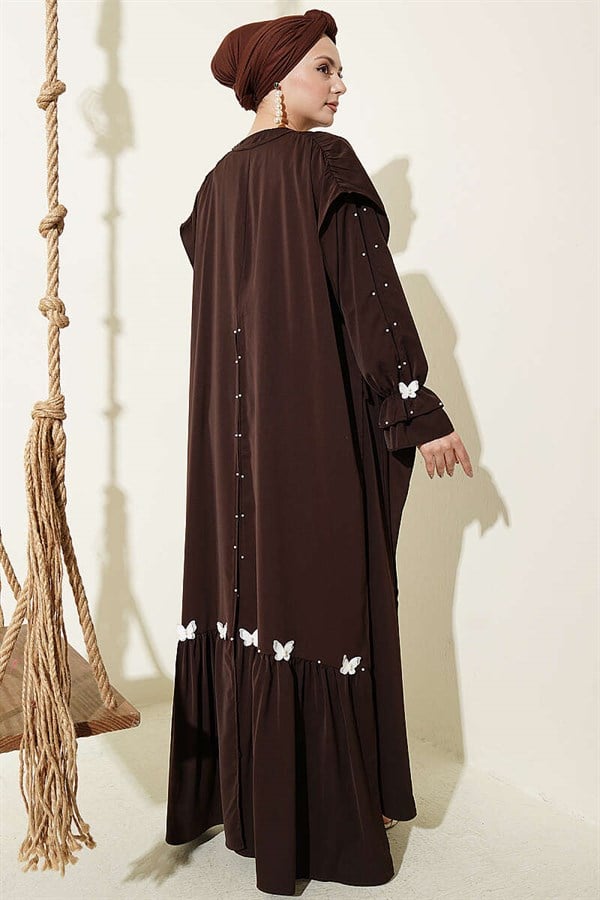 Pearl Embellished Butterfly Cape Dress in Brown