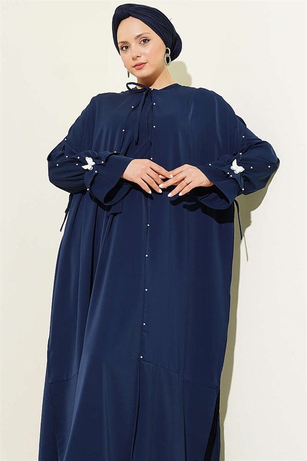 Navy Blue Dress with Pearl Embellishments and Butterfly Cape