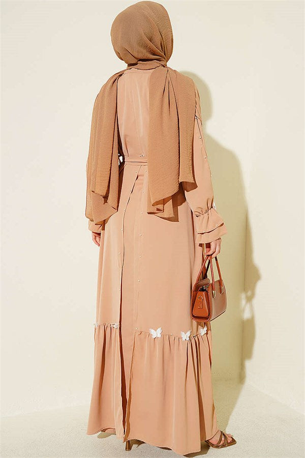 Pearl Embellished Butterfly Cape Dress Latte