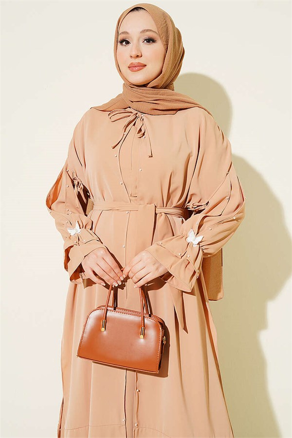 Pearl Embellished Butterfly Cape Dress Latte