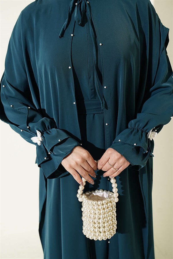 Pearl Embellished Butterfly Cape Dress in Petrol