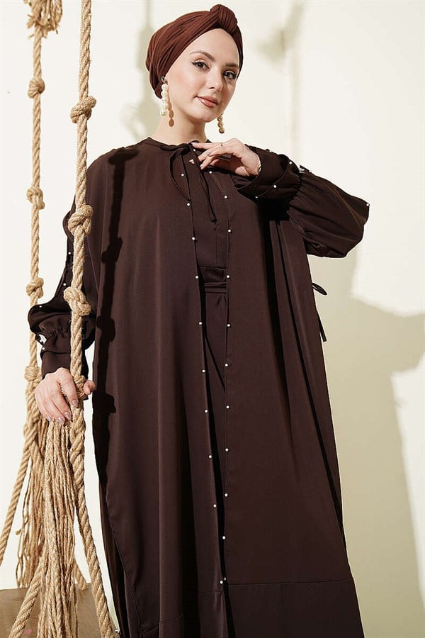 Pearl Embellished Butterfly Cape Dress in Brown