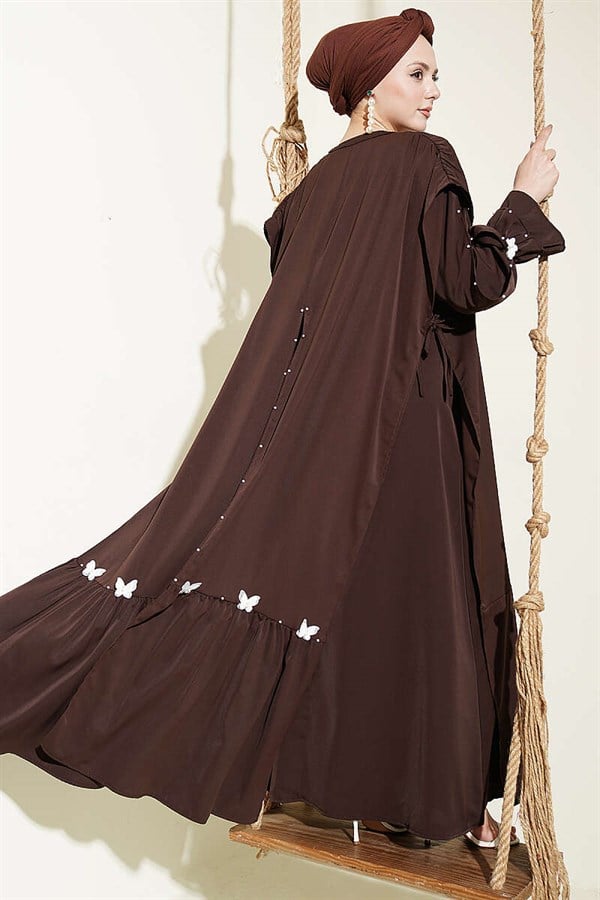 Pearl Embellished Butterfly Cape Dress in Brown
