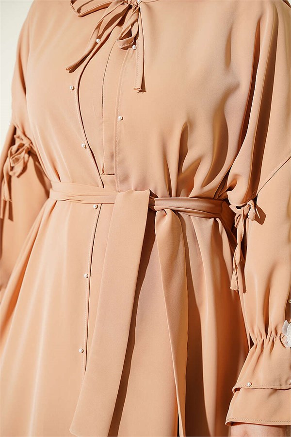 Pearl Embellished Butterfly Cape Dress Latte