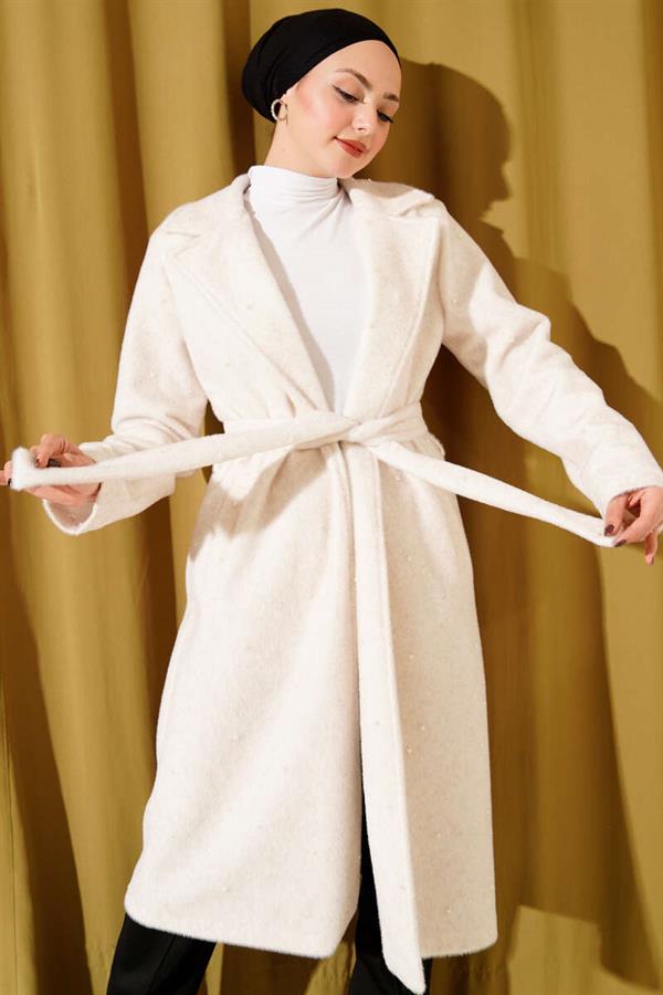 Pearl-Embellished Belted Goldfox Coat Beige