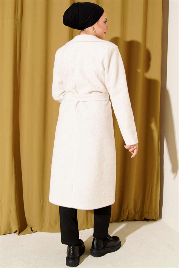 Pearl-Embellished Belted Goldfox Coat Beige