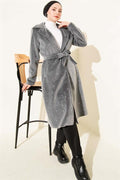 Pearl-Embellished Belted Goldfox Coat in Smoke
