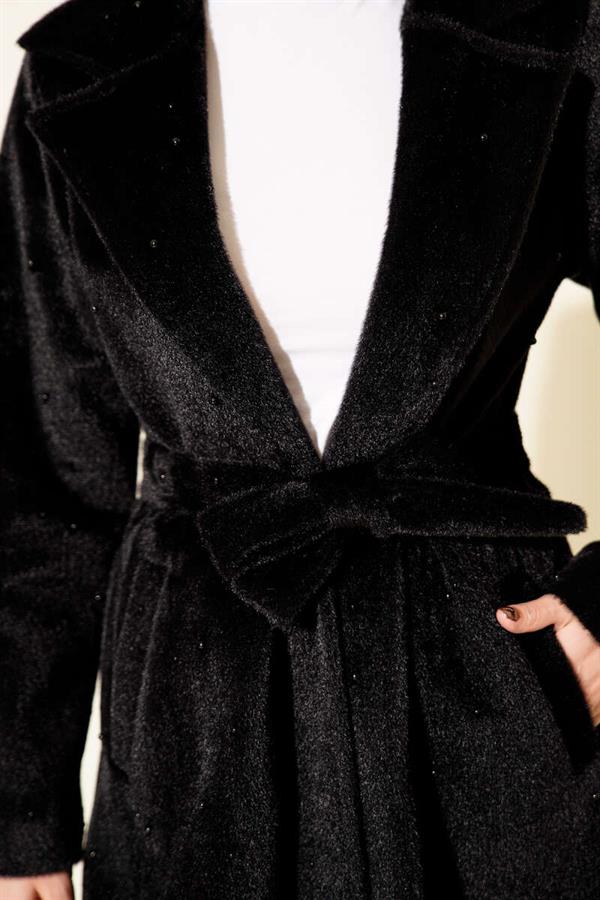 Pearl-Embellished Belted Goldfox Coat Black
