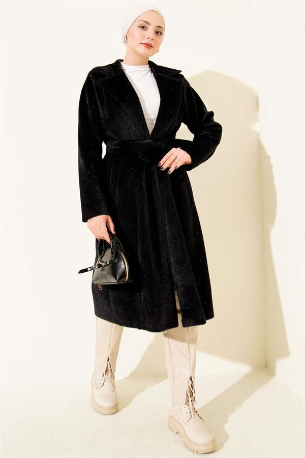 Pearl-Embellished Belted Goldfox Coat Black