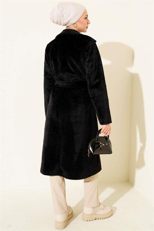 Pearl-Embellished Belted Goldfox Coat Black