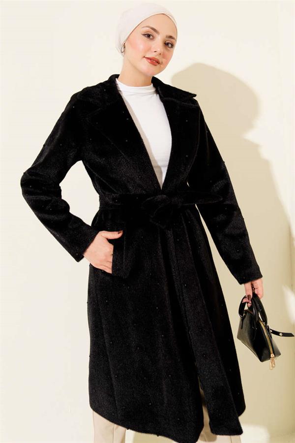Pearl-Embellished Belted Goldfox Coat Black