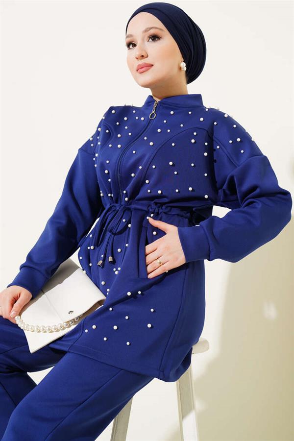 Pearl Embellished Scuba 2 Piece Set, Navy Blue