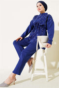 Pearl Embellished Scuba 2 Piece Set, Navy Blue
