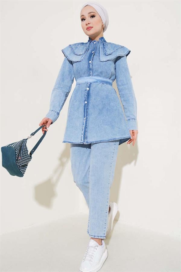 Pearl Baby Collar Denim 2 Piece Set Denim Blue
